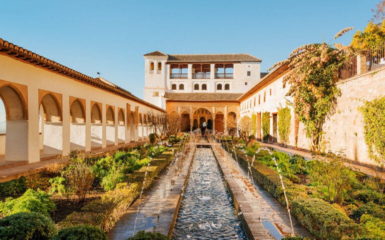 Courtyard and fountains of Generalife palace in Alhambra, Granada